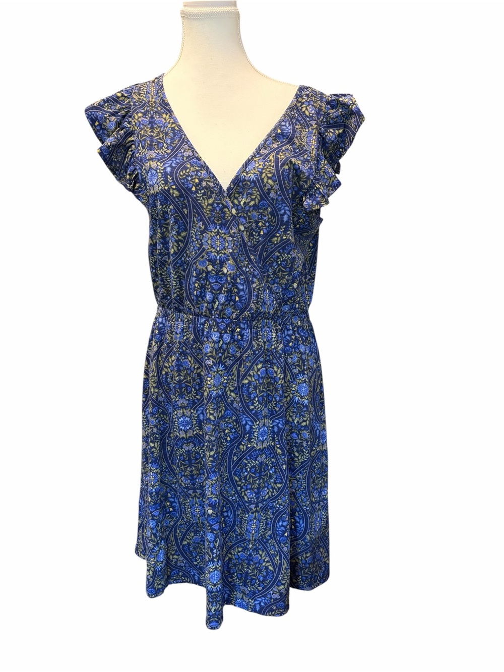 NWOT • Blue Paisley V-Neck Ruffle Sleeve Dress
